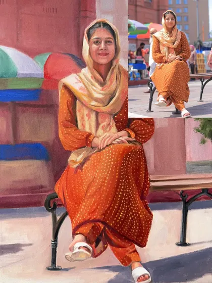 This image shows the original photo next to my painting, demonstrating how I can change the background and enhance the colors to create a more artistic composition.