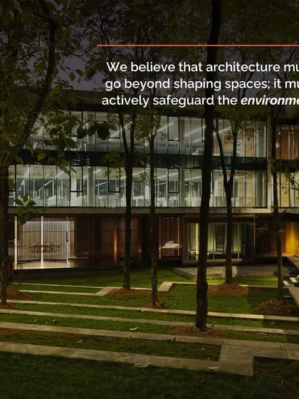 A night view of a landscaped courtyard, illustrating our belief that architecture must go beyond shaping spaces to actively safeguard the environment.