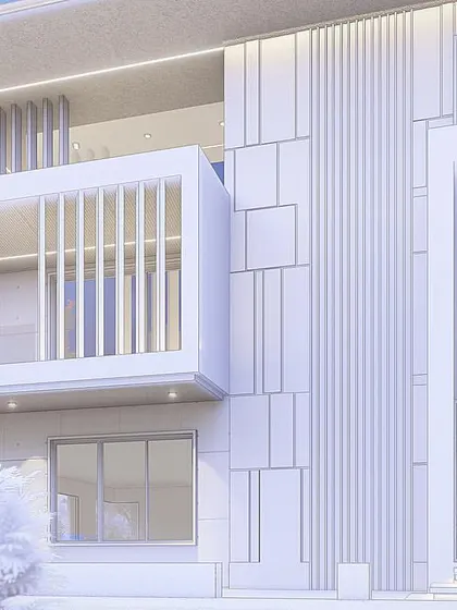 Another clay render of the same residence, focusing on the entrance. This view helps refine the proportions and details of the facade's key elements.
