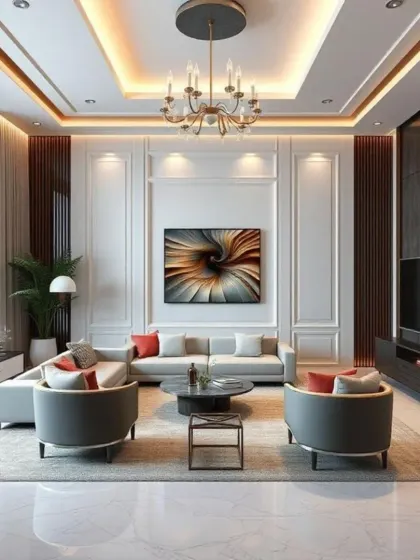 This living room design features classic wall molding and a mix of seating options, including a sofa and two accent armchairs. The abstract art and modern chandelier provide a contemporary contrast to the traditional architectural details.