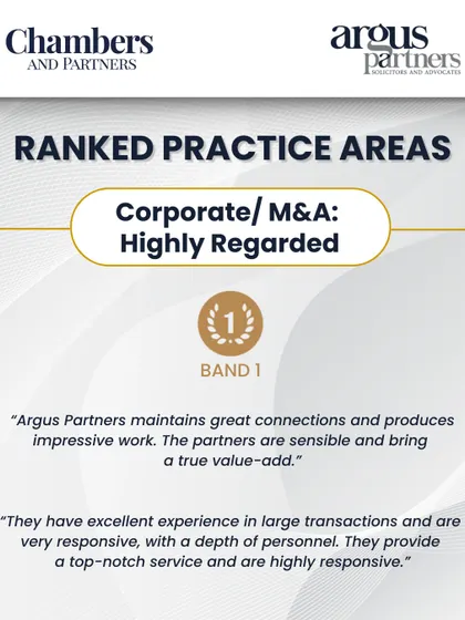 Our commitment to delivering value-added, sensible legal advice on large transactions is reflected in our Band 1 ranking for Corporate/M&A by Chambers and Partners. This recognition is a direct result of the trust our clients place in us and our team's deep experience.