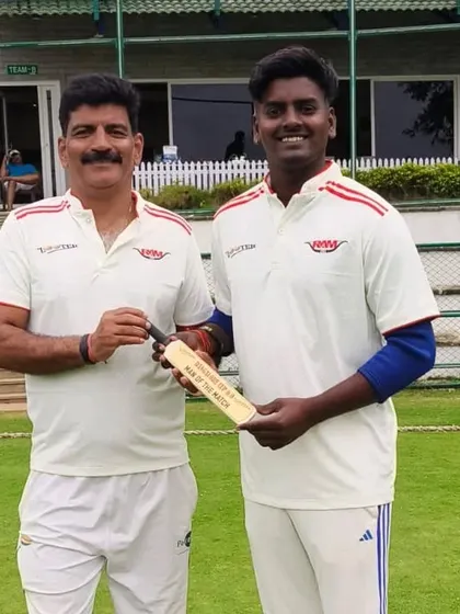 A proud moment as one of our players receives the 'Man of the Match' award from a senior cricketer.