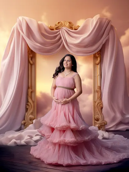 A grand, ethereal portrait featuring a pink ruffled gown set against a creatively edited sky and fabric backdrop.