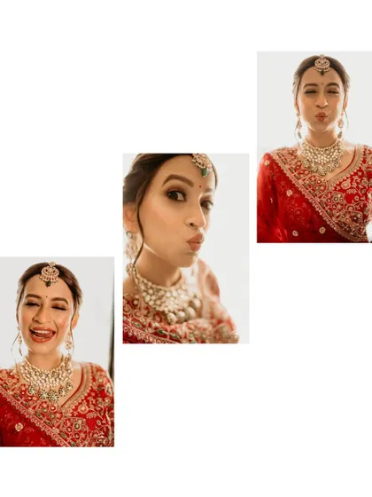 A collage of the bride's playful and fun side. These candid pouts and winks show the personality behind the perfect bridal look.