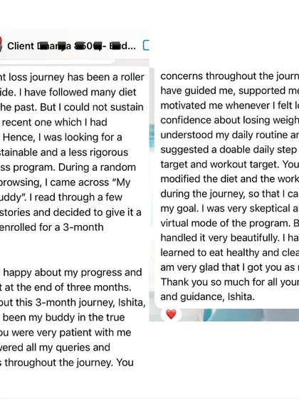 This client lost 8 kgs in 3 months. Despite a hectic work life, she balanced everything and achieved her goals.
