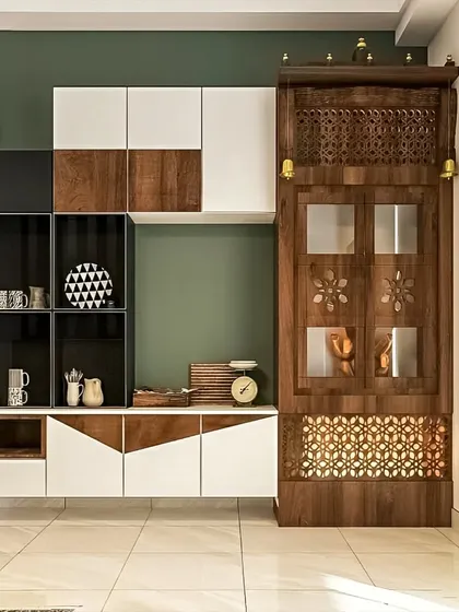 A multi-functional unit that combines a crockery cabinet with a traditional pooja unit. The design uses different materials and styles to clearly define the two zones while maintaining a cohesive look.