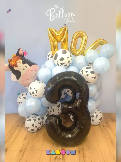 Moo-ve over boring parties! This adorable cow-themed balloon bouquet is a perfect example of the custom creations we can make for any party theme.