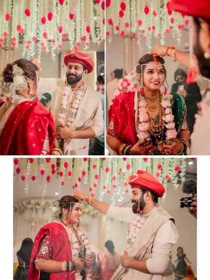 Key moments from a Maharashtrian wedding ceremony, including the groom placing the mangalsutra around the bride's neck.