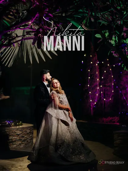 A romantic night-time portrait of the couple, their names elegantly displayed.