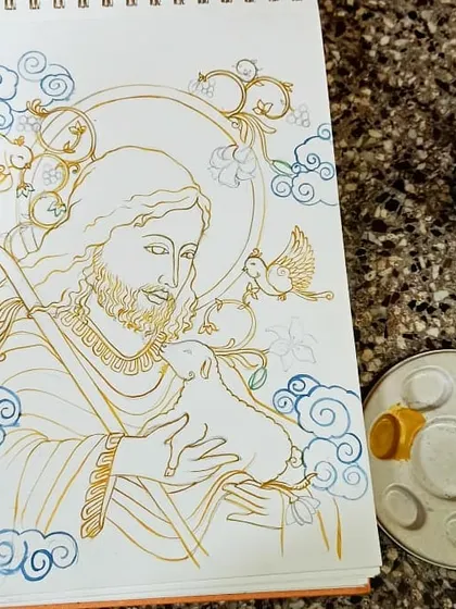 A work in progress shot of the Jesus mural. Here you can see the initial watercolor washes being applied over the detailed ochre line drawing, which is a key step in the traditional mural process.