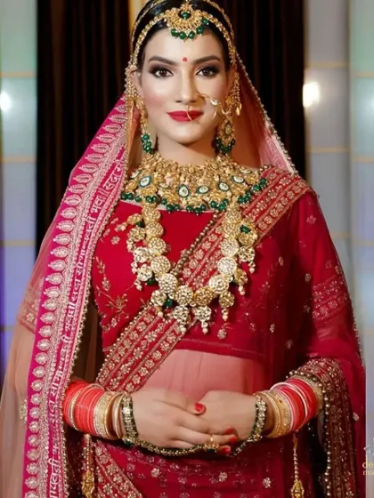 A full portrait of a bride in a red lehenga, with her hair in a classic bun. This timeless hairstyle ensures the bride looks graceful and elegant from every angle.