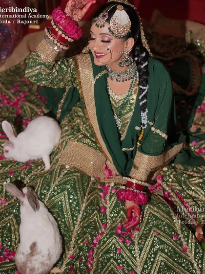 A whimsical shot showing the bride's long, decorated braid, a key feature of this traditional Muslim bridal style.