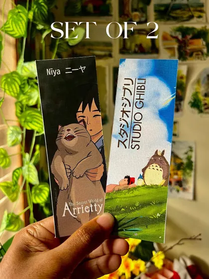 This set of two bookmarks features Niya from 'The Secret World of Arrietty' and a peaceful Totoro scene.