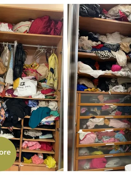 This is a common sight: two wardrobes completely overwhelmed with clothes, bags, and clutter, making it impossible to find anything. This was a virtual project for a client in Delhi.