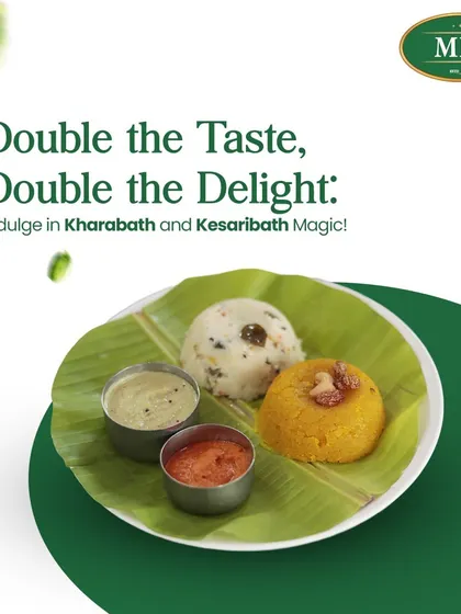 Double the delight with our Chow Chow Bath. This dish combines savory Khara Bath (upma) and sweet Kesari Bath on one plate for a magical flavor experience.
