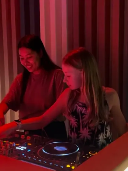 The best moments are when it just clicks. Here I am guiding a student from the UK through her first beat-matching session. My lessons are always one on one, so we can focus on your pace and your sound, making sure you feel the music.