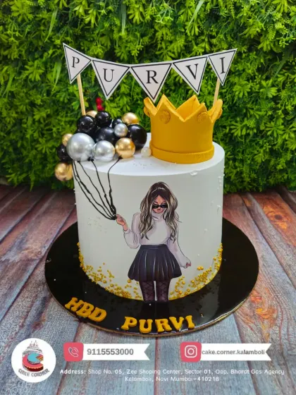 A trendy cake for Purvi, featuring a stylish girl with balloons and a fondant crown. The black, silver, and gold accents give it a modern and chic look.