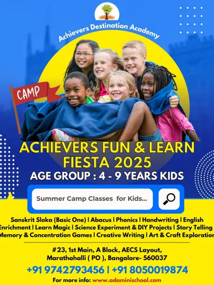 Our summer camp in Marathahalli, Bangalore, is specially curated for children aged 4 to 9. This flyer lists the enriching activities designed to enhance creativity, confidence, and cognitive skills.