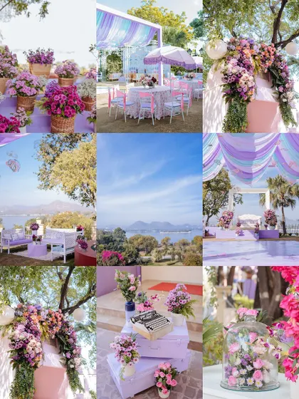 A collage of the dreamy pastel purple and pink decor from a Mehendi in Udaipur, with stunning lakeside views.