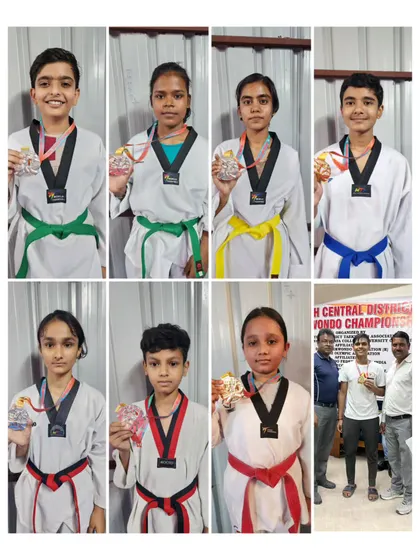 A collage of our District Taekwondo Championship winners from June 2023, showcasing their medals.