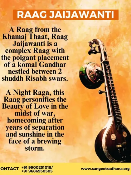 An introduction to Raag Jaijawanti, a complex night raag from the Khamaj thaat. It is known for its poignant placement of a komal Gandhar and personifies the beauty of love and homecoming.