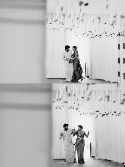 A creative black and white diptych, capturing the couple's playful entrance and dance.