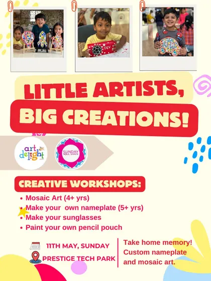 This promotional graphic announces our creative workshops at a public event, including options to make your own sunglasses and paint a pencil pouch.