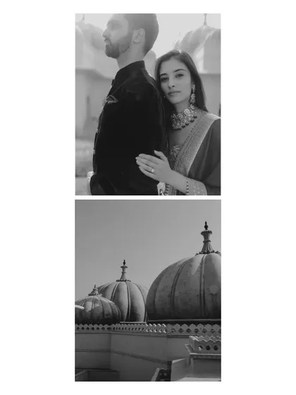 A black and white diptych from Nikita and Rishabh's pre-wedding shoot in Udaipur, capturing an intimate portrait and architectural details.