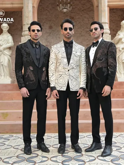 Another group shot of our statement tuxedos, perfect for a groom and his groomsmen who want coordinated yet individual looks.