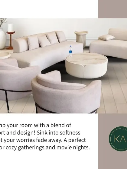 A full suite of modern lounge furniture in a soft, neutral palette, including sofas, armchairs, and a chaise. This collection was designed to create a serene and comfortable gathering space for a family home.