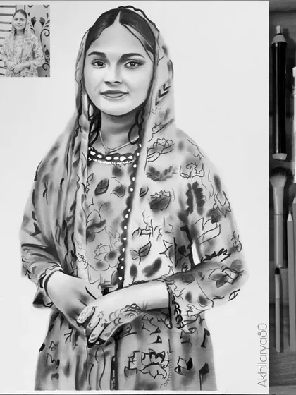 This A4 graphite sketch captures the intricate patterns of a traditional dress. The black and white style gives it a very classic and elegant look.