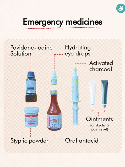 A well-stocked first-aid kit includes specific emergency medicines. This infographic shows key items like povidone-iodine solution, oral antacids, activated charcoal, and styptic powder for minor wounds.
