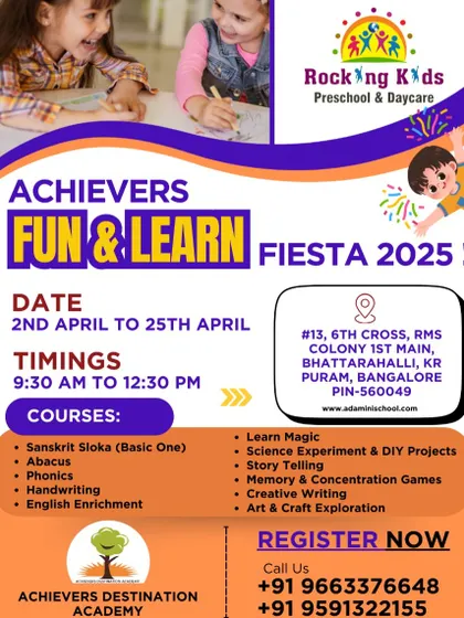 A bright and colorful flyer for our summer camp at Rocking Kids Preschool in KR Puram, Bangalore. It clearly lists the dates, timings, and the exciting courses included in the Fun & Learn Fiesta.