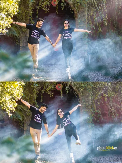 A fun diptych of a couple in matching "To Infinity & Beyond" t-shirts, posing playfully with smoke effects.