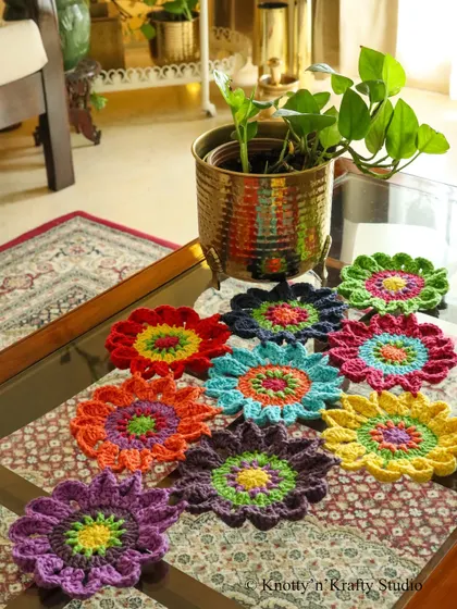 A full set of my colourful floral coasters, ready to brighten up your home.