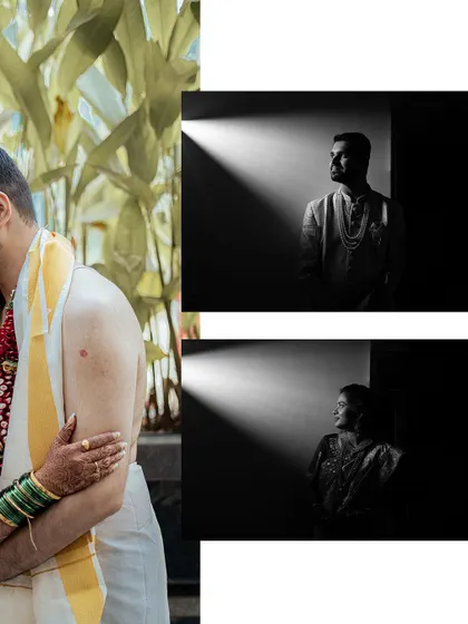 An artistic collage from a South Indian wedding, combining a romantic couple portrait with dramatic black and white solo shots.