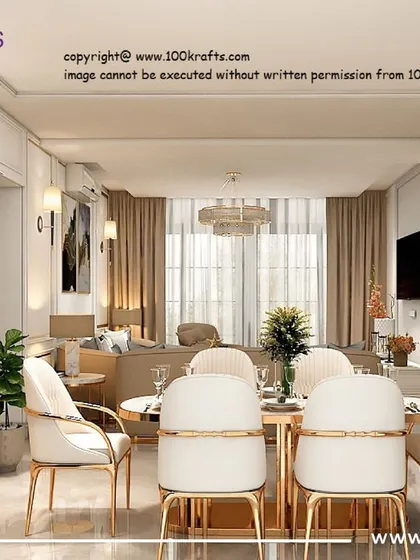 An overview of the open-plan living and dining area in the 'Traditional Contemporary' Pune home, showcasing a harmonious blend of classic design and modern luxury.