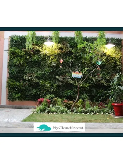 Here, a simple exterior wall is transformed into a beautiful garden feature. This living wall, paired with a small lawn and accent plants, creates a refreshing and welcoming view from the home's entrance.