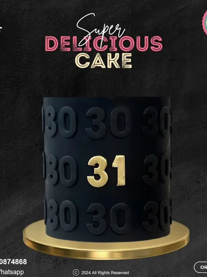 A bold and modern cake to celebrate turning 31. This sleek black cake features a repeating "30" pattern with a standout gold "31," making it a stylish statement for a milestone birthday.