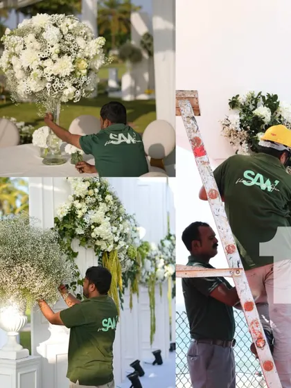 A collage celebrating a decade of floral artistry. It showcases our team in action, from arranging centerpieces to constructing large-scale installations. We are incredibly thankful for their dedication.