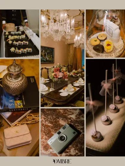 A mood board of details from the bachelorette celebration, including sushi platters, cake pops, a vintage camera, and a Chanel bag.