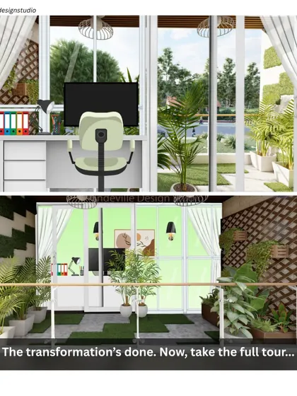 This graphic illustrates the transformation of a work-from-home setup. By adding a green balcony, the routine feels lighter and the space becomes a source of balance and therapy.