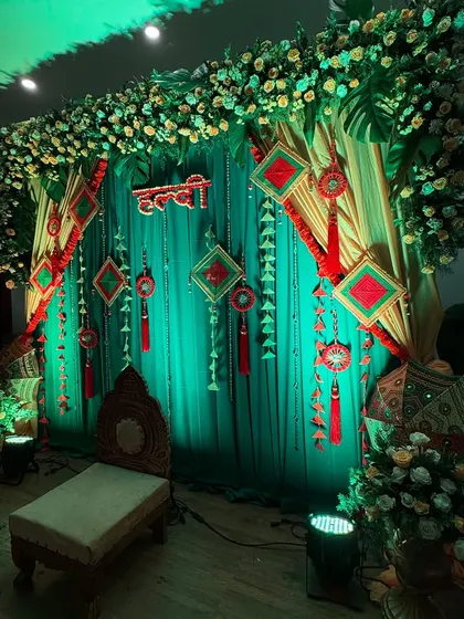 Another angle of the Rajasthani-themed Haldi decor, showing the vibrant colors and traditional elements that make the setup pop.