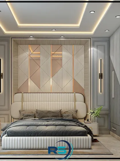 A 3D concept for a bright and elegant bedroom. The design uses a mix of materials, including a geometric patterned headboard wall, classic wall molding, and sleek, handleless wardrobes for a balanced and modern look.