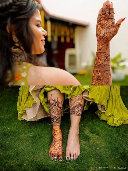 A composite shot showing the bride's happy face, the detailed design on her arm, and the beautiful henna pattern on her feet. A complete bridal mehendi package.