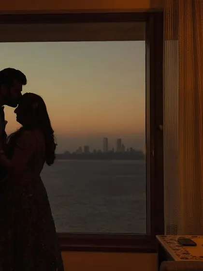A quiet, intimate moment against the vast Mumbai skyline at sunset. This silhouette shot of Neelam and Moiz shows how we can use a cityscape to create a dramatic and deeply romantic portrait.