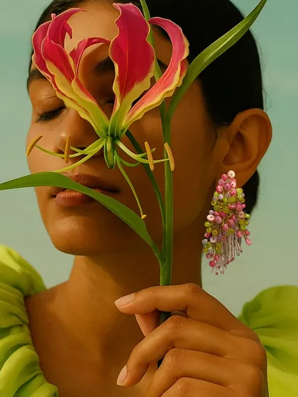 This is the vibe of my FLORAA collection. A model showcasing our handcrafted pink and green beaded earrings, designed to feel like a mini bouquet you can wear. It’s a perfect accessory for a garden wedding or a brunch look.