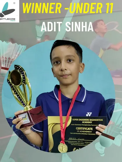 Aadit Sinha with his first gold medal, winning the Under 11 Boys Singles category. This is just the beginning of a promising journey in competitive badminton.