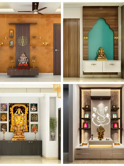 A collage of different pooja unit designs, showcasing various styles from wall-mounted units to more elaborate setups.