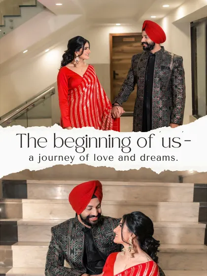 "The beginning of us." A collage showing Vanaja and Angad's journey, from holding hands on the stairs to a loving gaze, capturing the start of their life together.
